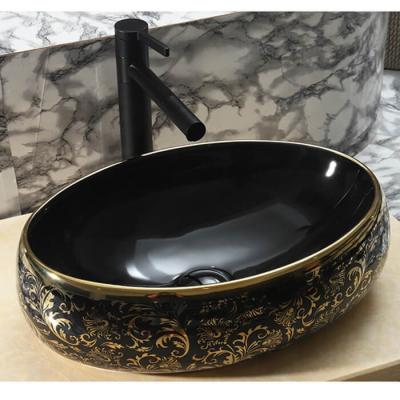 Chậu LavaBo bầu tròn đặt bàn đen hoa văn mạ vàng 8172H